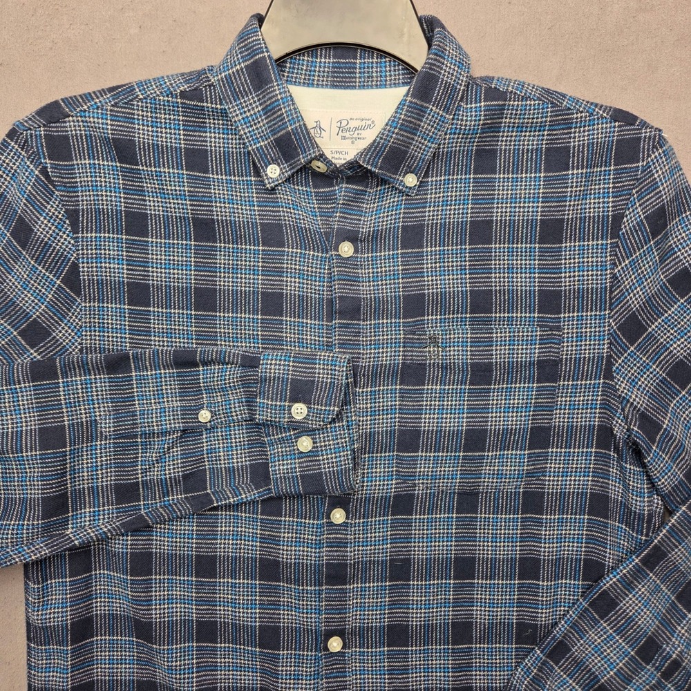 Original Penguin Mens Size Small Blue Plaid Button Down Long Sleeve Pocket Shirt